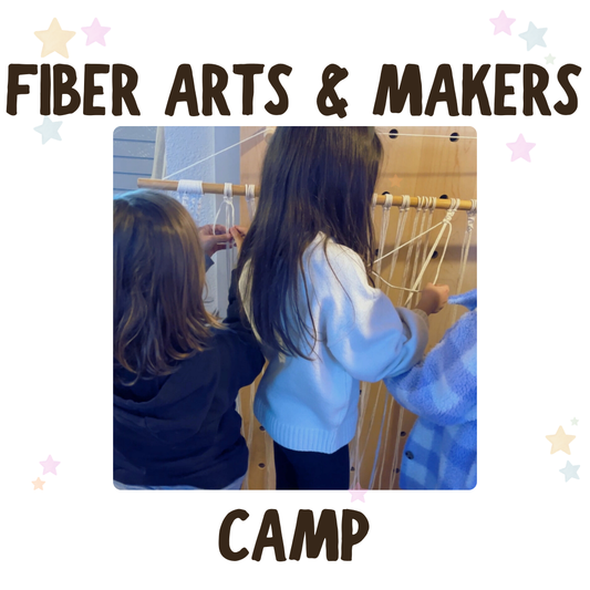 Two children working on a fiber arts project with text 'Fiber Arts & Makers Camp' above.
