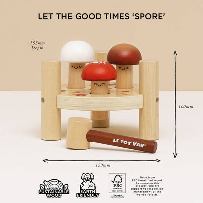 Wooden toy with mushroom characters and Le Toy Van branding, shown with measurements and sustainability certifications on a beige background.