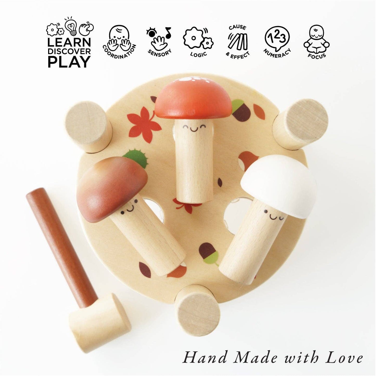 Wooden toy with mushroom design on a white background, featuring icons and text about learning and play.