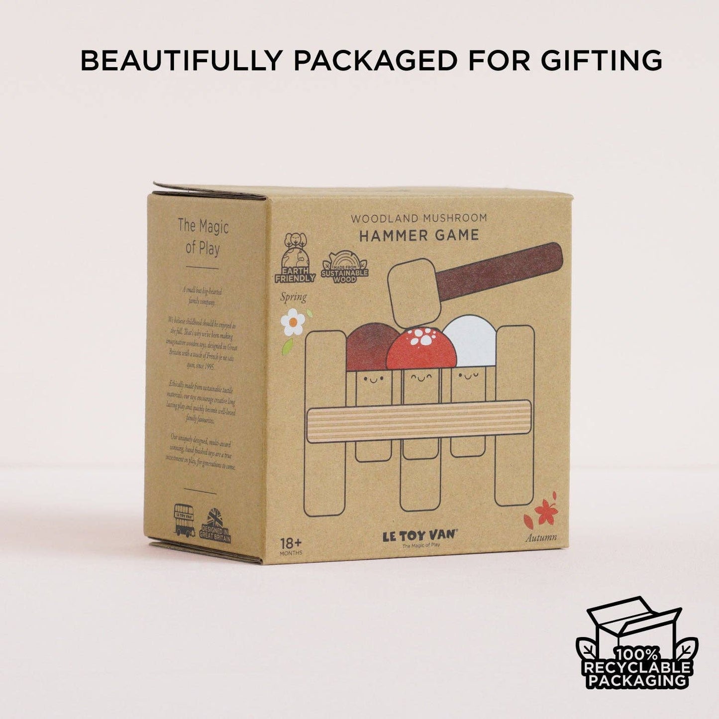 Le Toy Van wooden toy packaging with recyclable packaging label on a light pink background