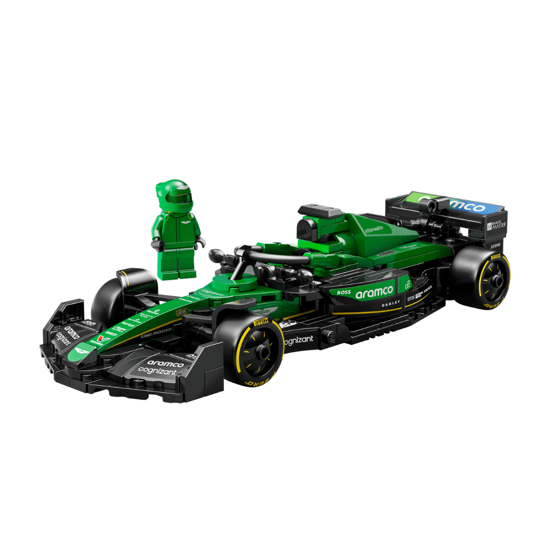 A green and black toy Formula 1 racing car with a small green minifigure standing beside it, shown on a clean white background.