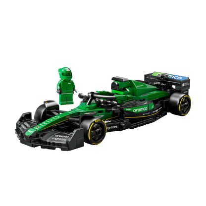 A green and black toy Formula 1 racing car with a small green minifigure standing beside it, shown on a clean white background.