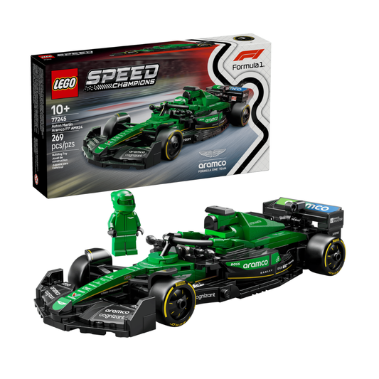 LEGO Formula 1 car set with green and black design, featuring Aromco branding, next to its packaging.