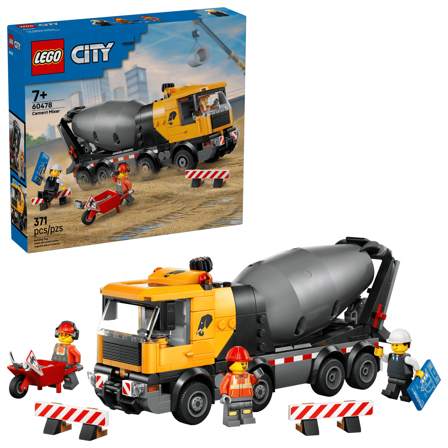 LEGO City concrete mixer truck set with packaging and figures on a clear background