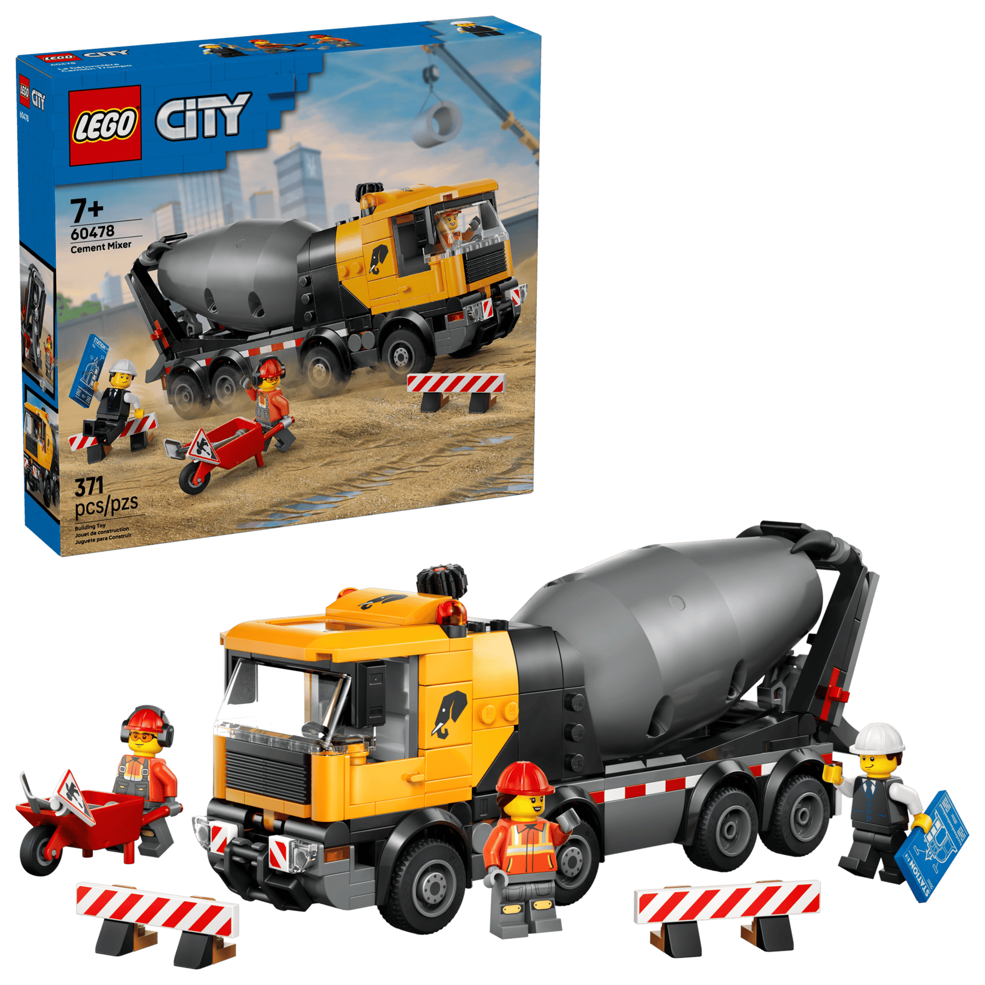 LEGO City concrete mixer truck set with packaging and figures on a clear background