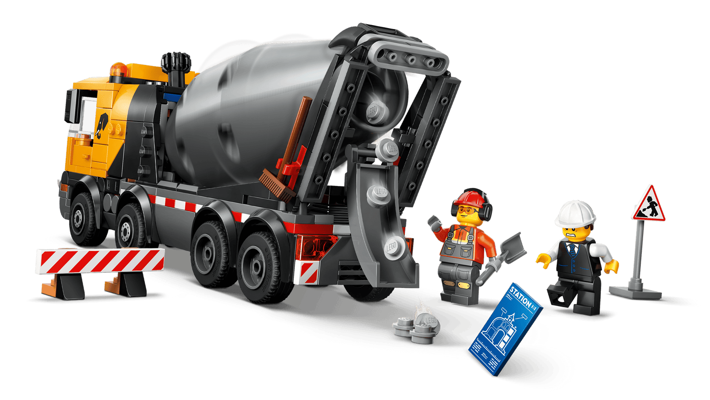 LEGO construction set with a cement mixer truck, workers, and tools on a transparent background