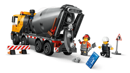 LEGO construction set with a cement mixer truck, workers, and tools on a transparent background