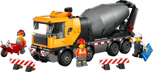 Toy cement mixer truck with workers and construction tools on a transparent background