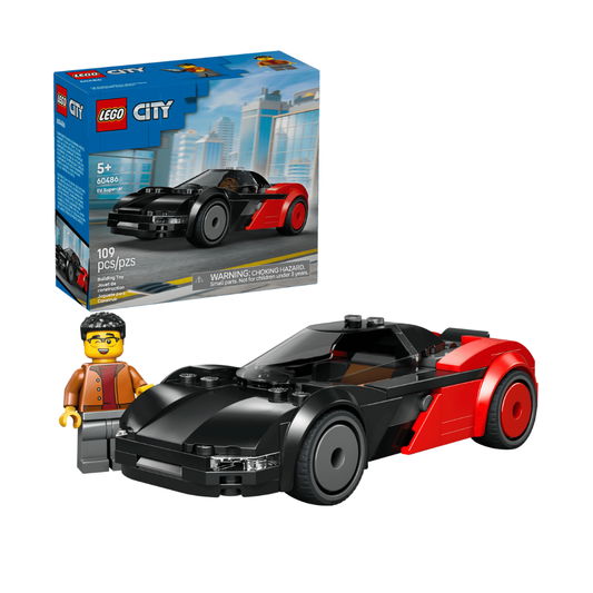 LEGO City Super Speeder set showing the assembled black and red toy car, a small minifigure, and the retail box on a plain white background.