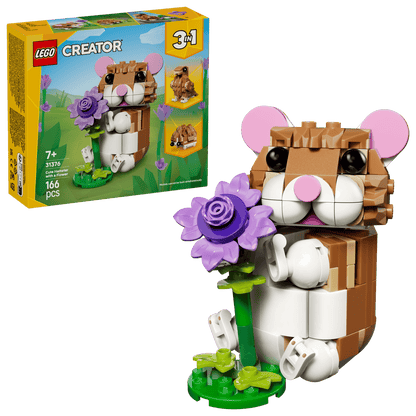 LEGO Creator Hamster with Flower set and packaging on a white background