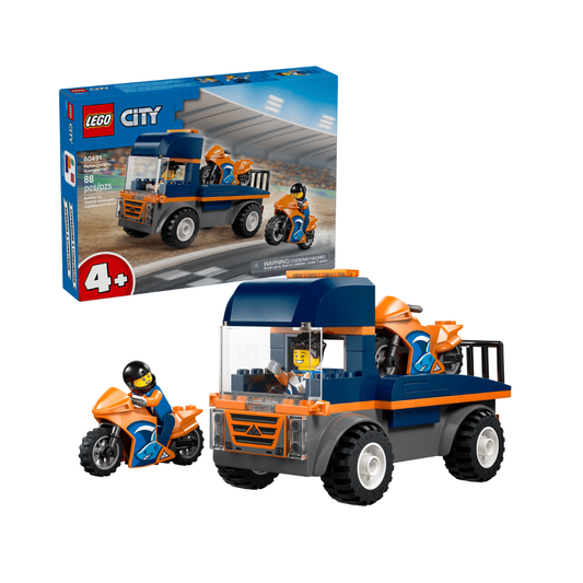 LEGO City set showing the assembled blue and orange race truck with a small orange motorcycle and minifigure, alongside the product box on a white background.