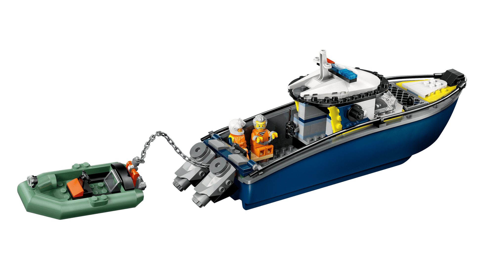 Toy boat with a smaller boat and figures on a transparent background