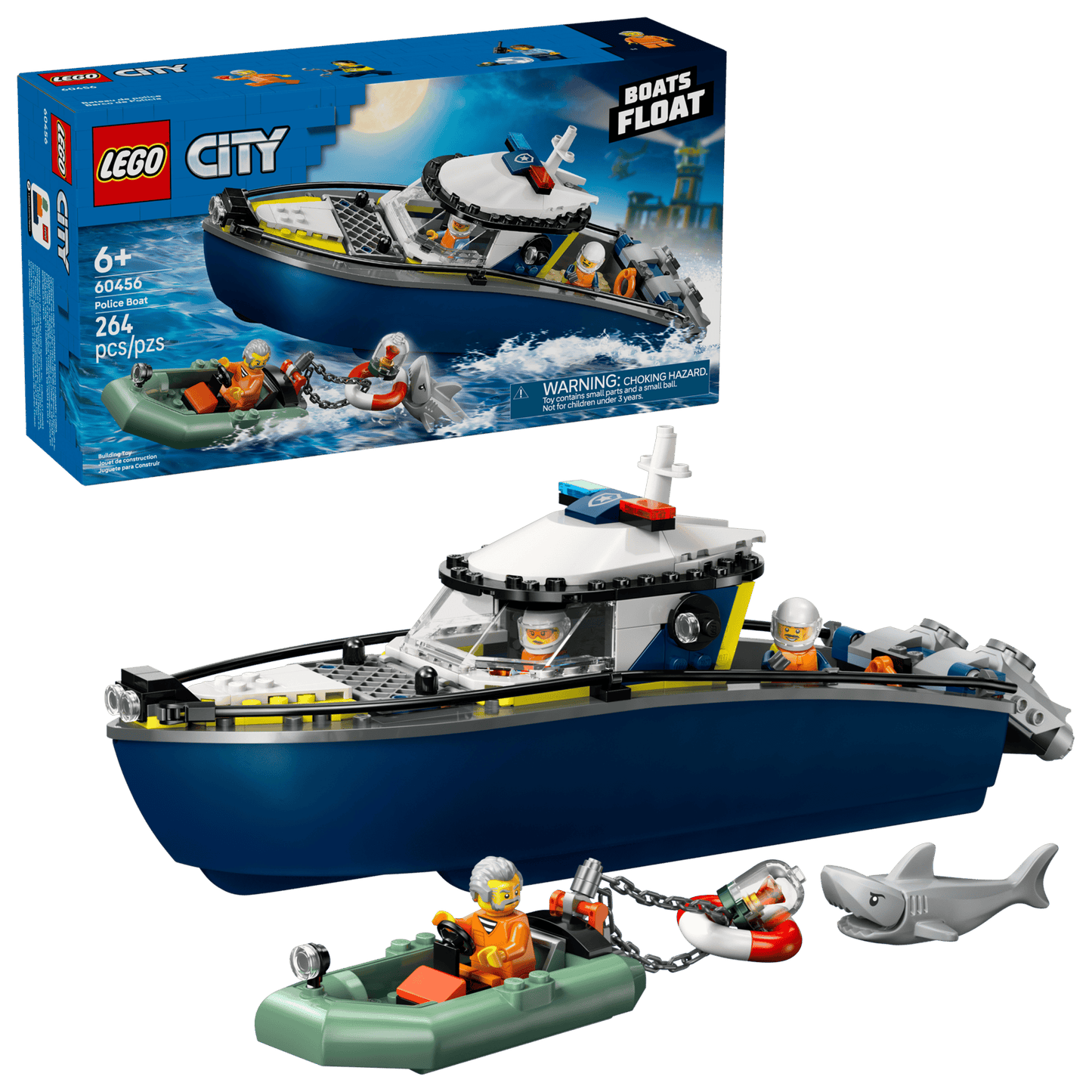 LEGO City boat set with packaging on a white background