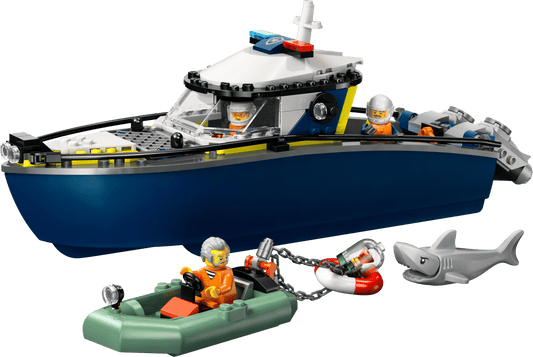 Toy boat set with figures and shark on a transparent background