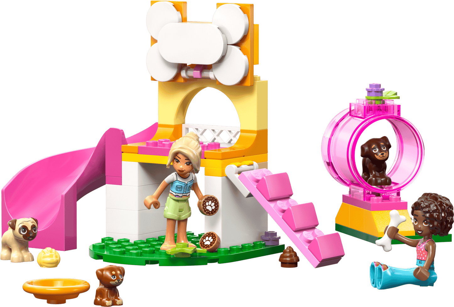 Children's toy set with a playhouse, slide, and animals on a transparent background