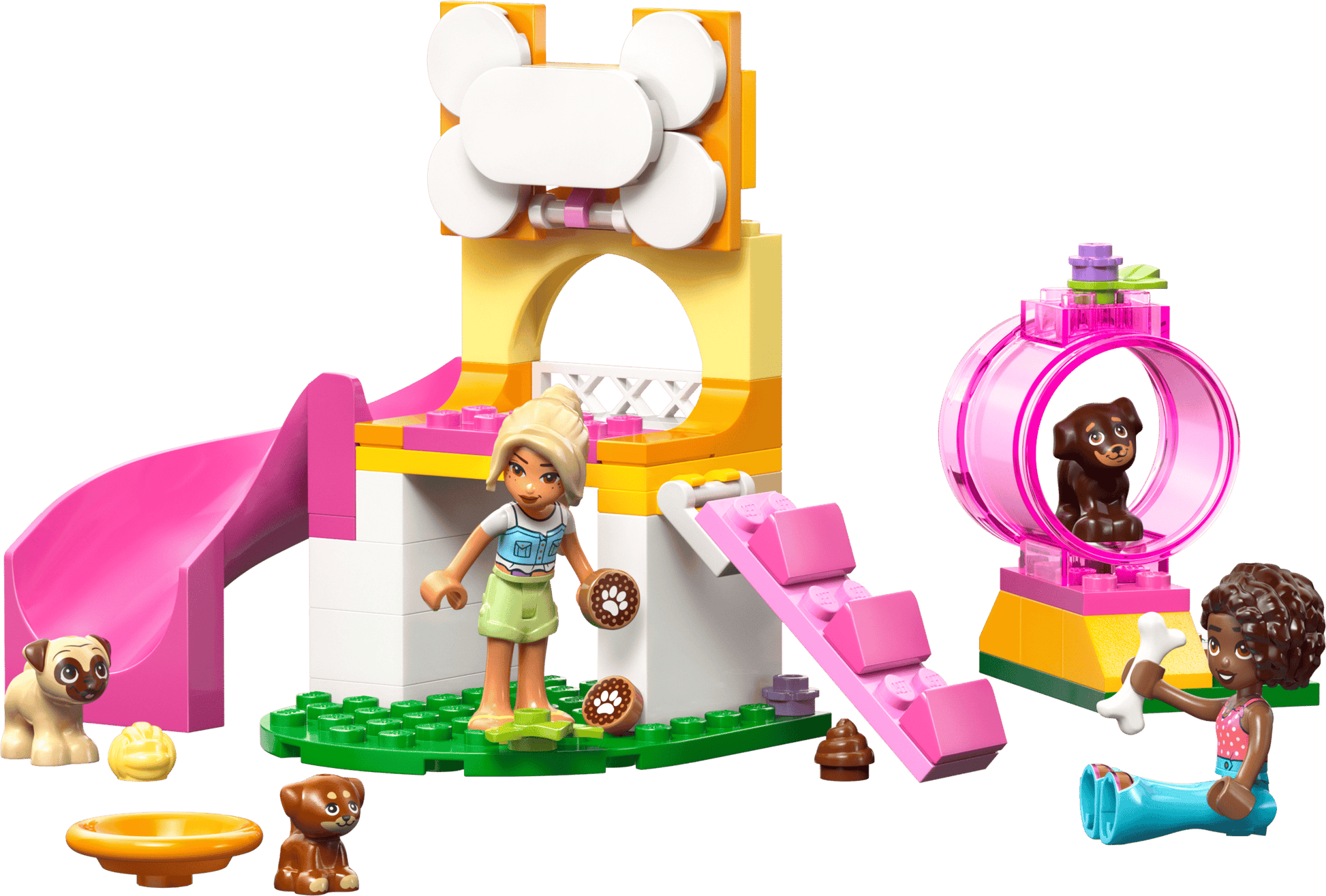 Children's toy set with a playhouse, slide, and animals on a transparent background