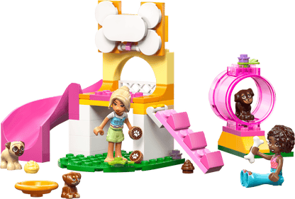Children's toy set with a playhouse, slide, and animals on a transparent background