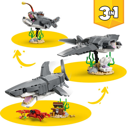 Toy set with shark, airplane, and crab models on a yellow background with '3 in 1' branding.