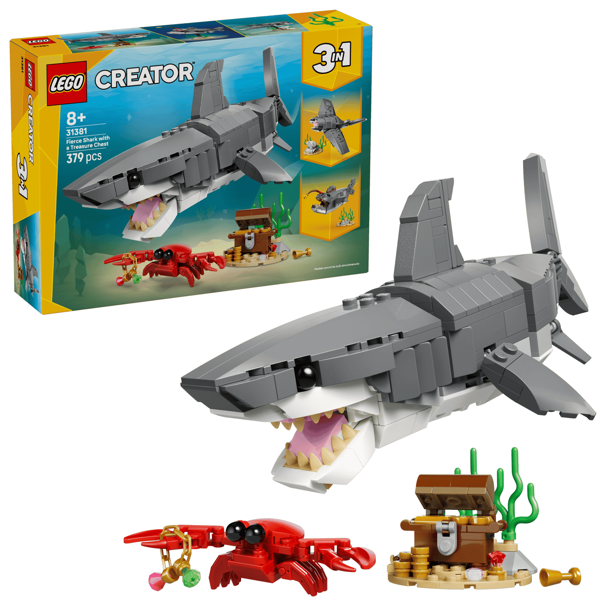 LEGO Creator shark set with packaging and additional pieces on a clear background