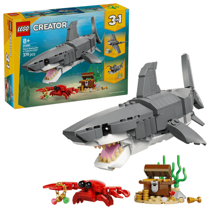 LEGO Creator shark set with packaging and additional pieces on a clear background