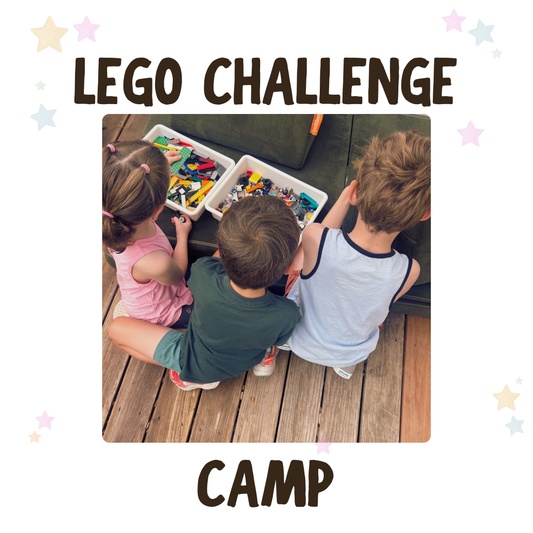 Three children playing with LEGO at a campsite, with text 'LEGO Challenge Camp' above.
