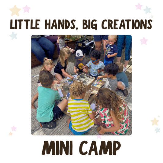 Children sitting around a table with the text 'Little Hands, Big Creations Mini Camp' above them.