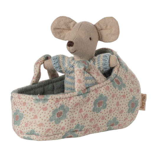 Maileg Baby Mouse in a Carrycot | Blue