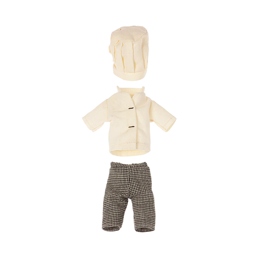 A three-piece miniature clothing set for dolls, featuring a cream-colored chef hat, matching chef jacket with buttons, and brown-and-white checkered pants, displayed on a solid white background.