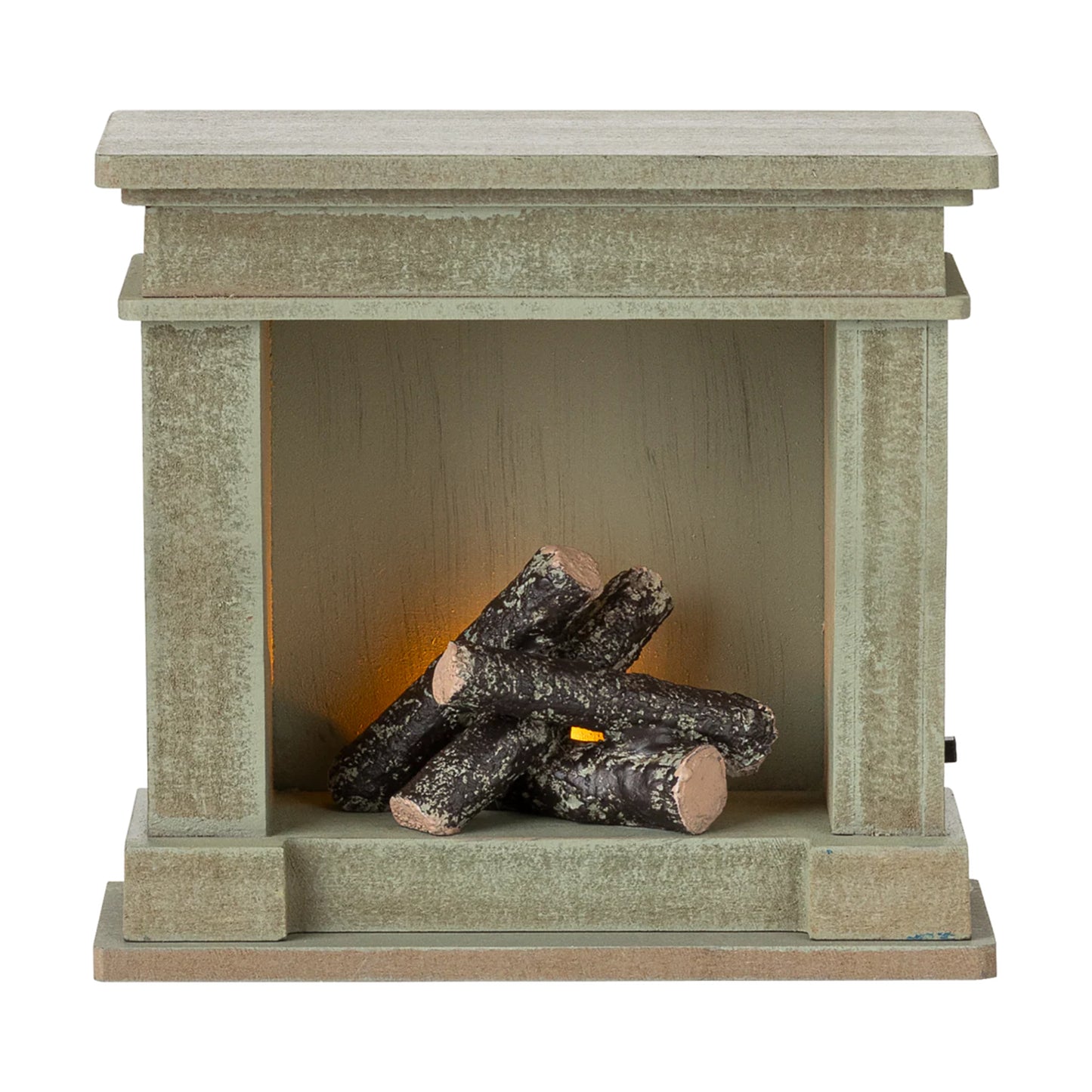Faux stone fireplace with logs inside on a white background