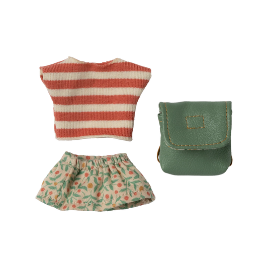 A doll clothing set featuring a short-sleeve top with coral and cream horizontal stripes, a floral skirt with green leaves and orange flowers, and a small green faux-leather pouch bag, all arranged on a plain white background.