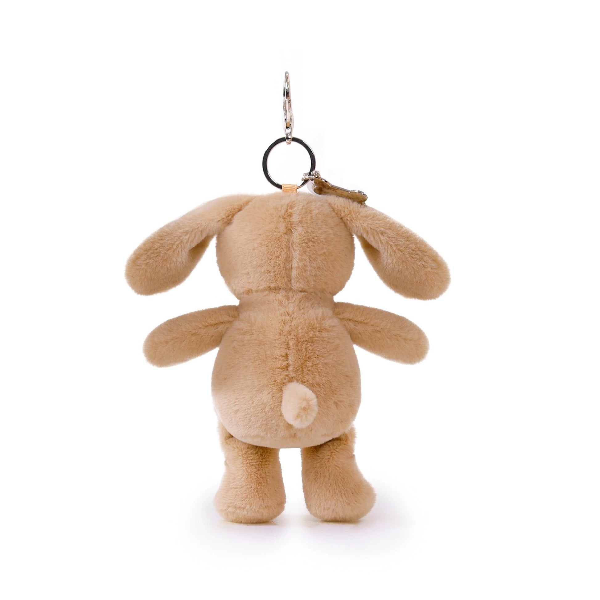 A small plush bunny keychain shown from the back, made of soft tan faux fur with a black metal key ring and silver split ring, photographed on a clean white background.