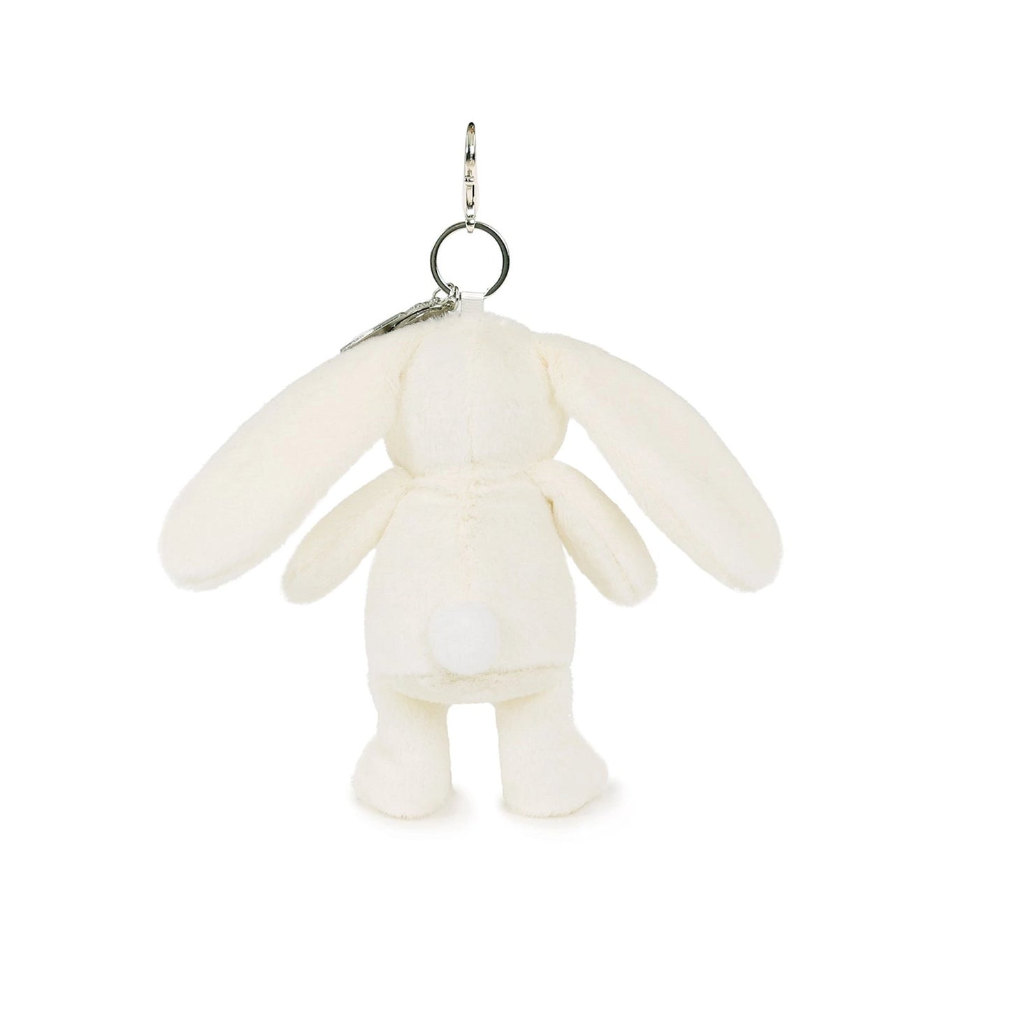 White plush keychain shaped like a cartoon character on a white background