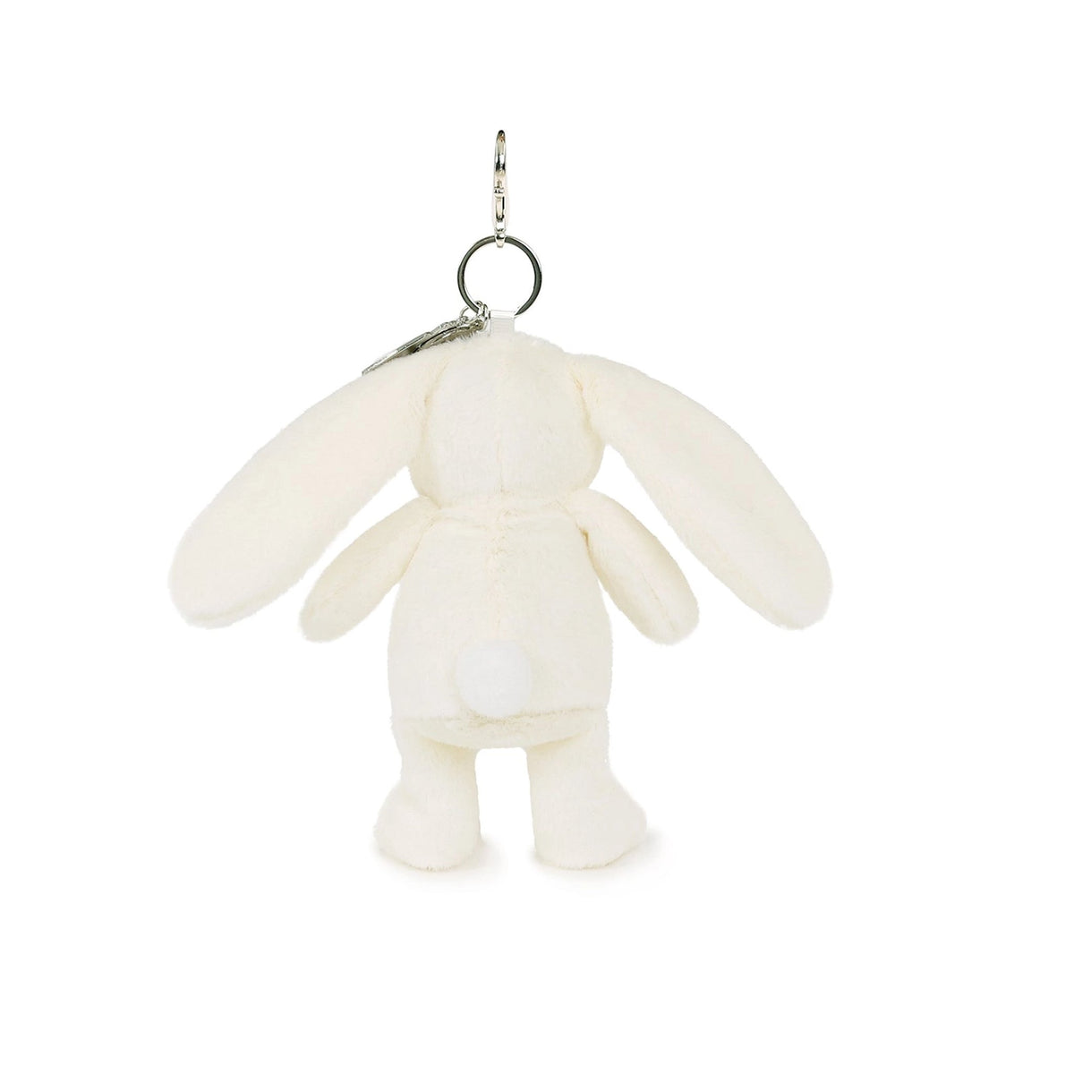White plush keychain shaped like a cartoon character on a white background