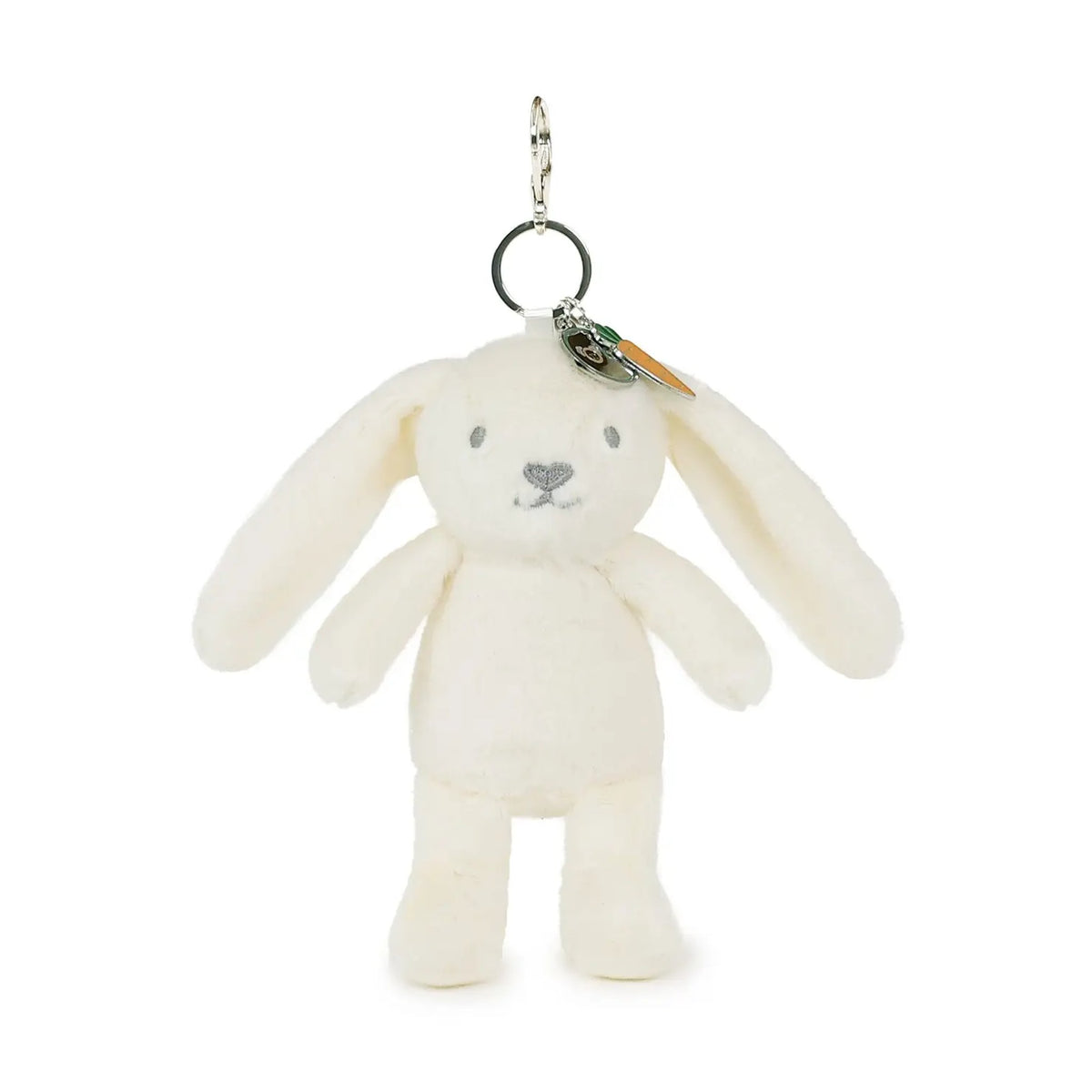 A small plush bunny keychain in off-white with embroidered gray facial features, attached to a black metal key ring and a small carrot-shaped charm, shown on a plain white background.