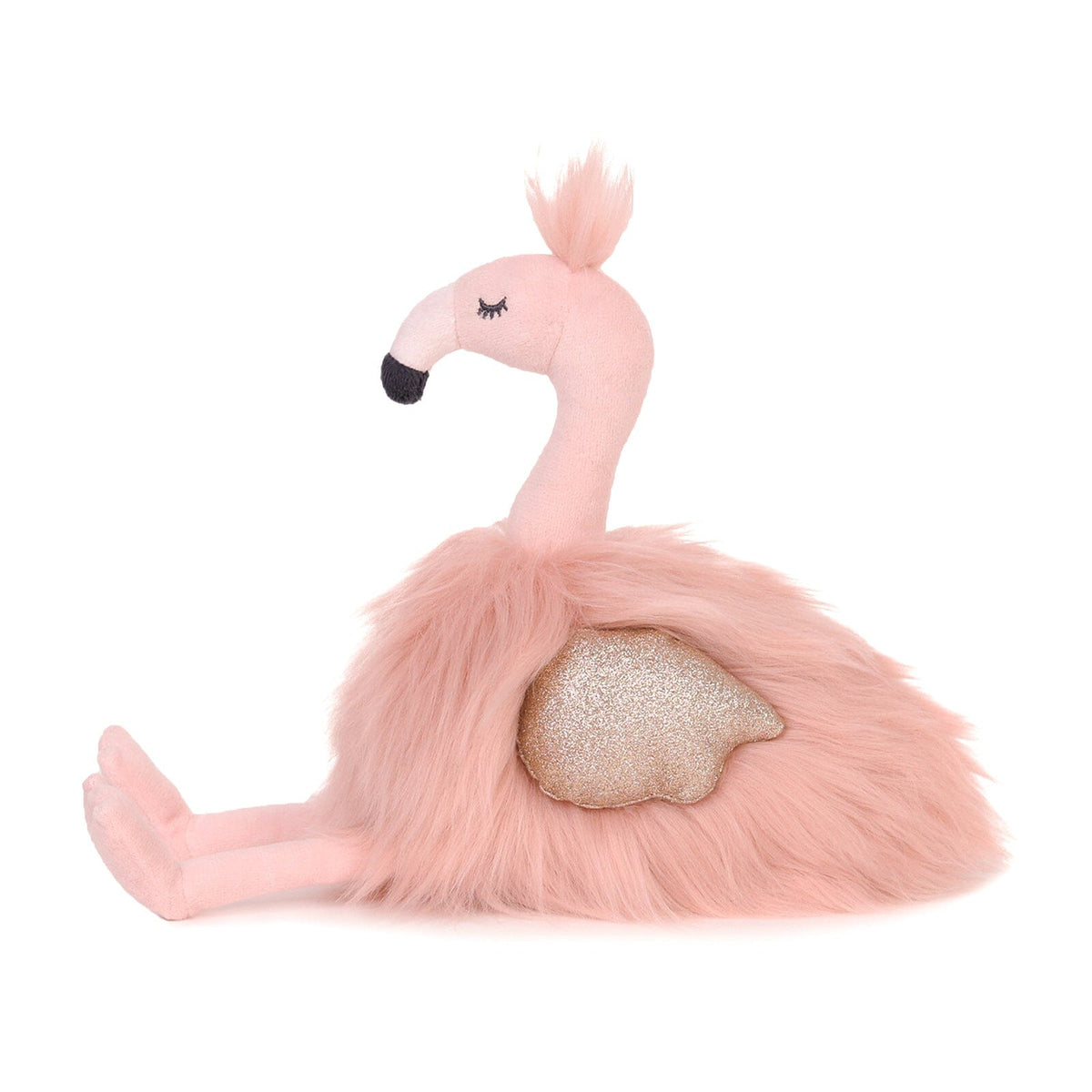 Pink plush flamingo toy with a glittery heart on a white background