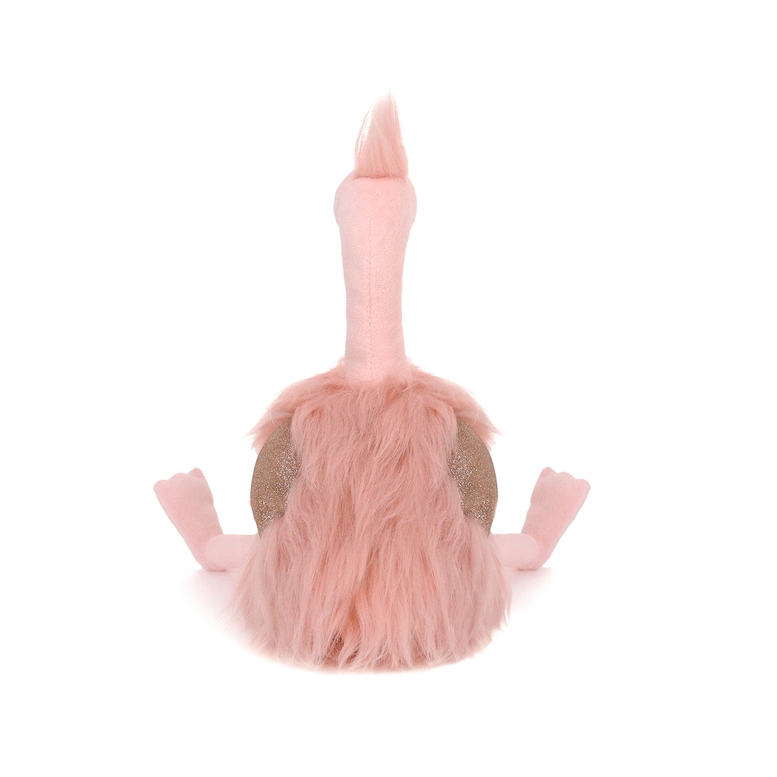 Pink plush toy with a fluffy bottom on a white background