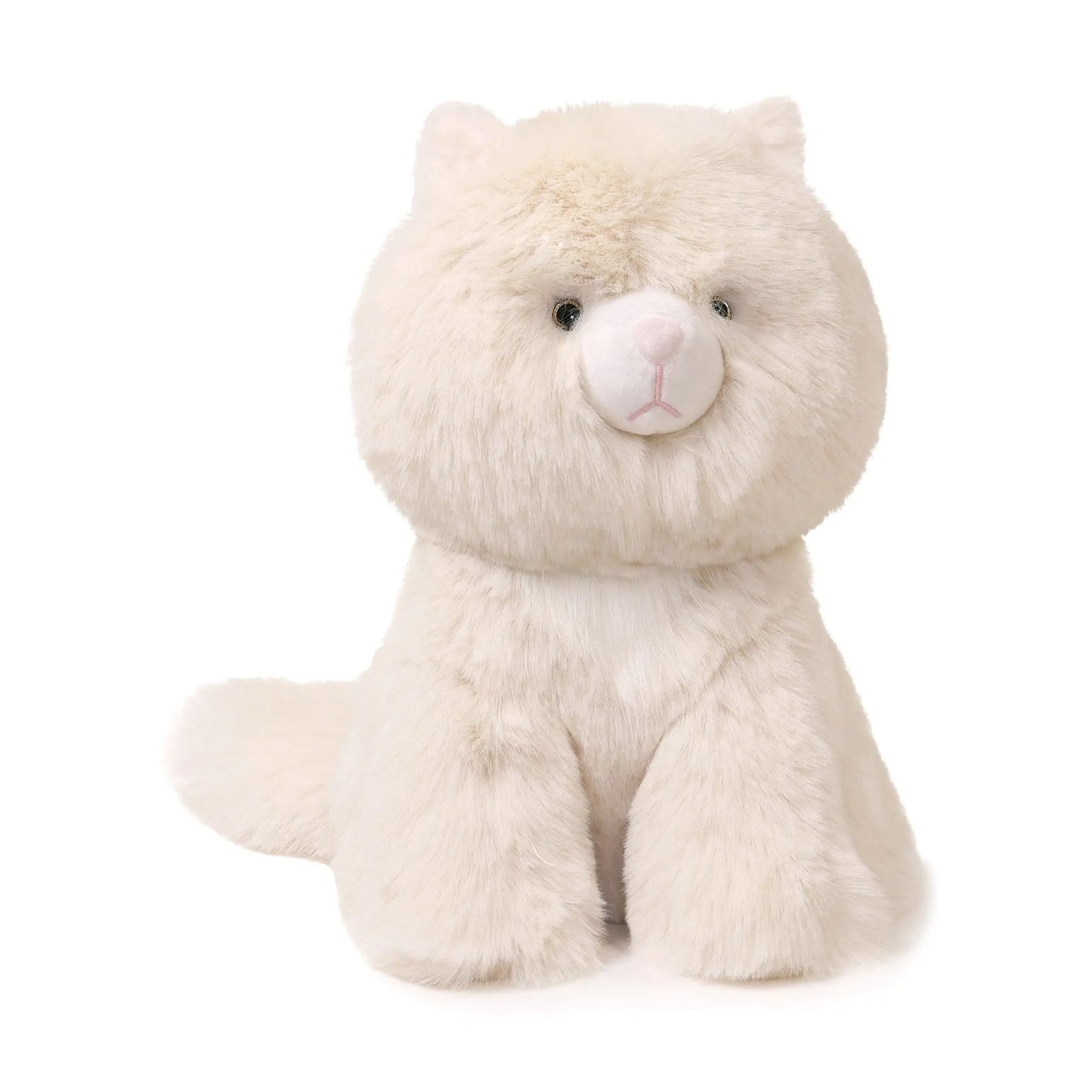 A fluffy white plush cat toy sitting upright against a light gray background.