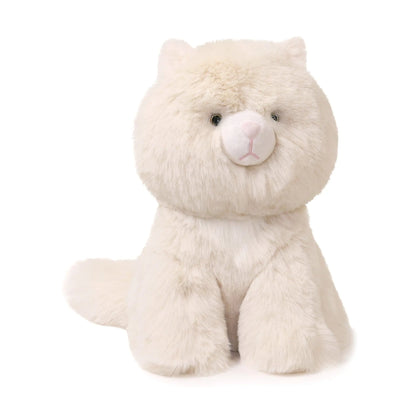 A fluffy white plush cat toy sitting upright against a light gray background.