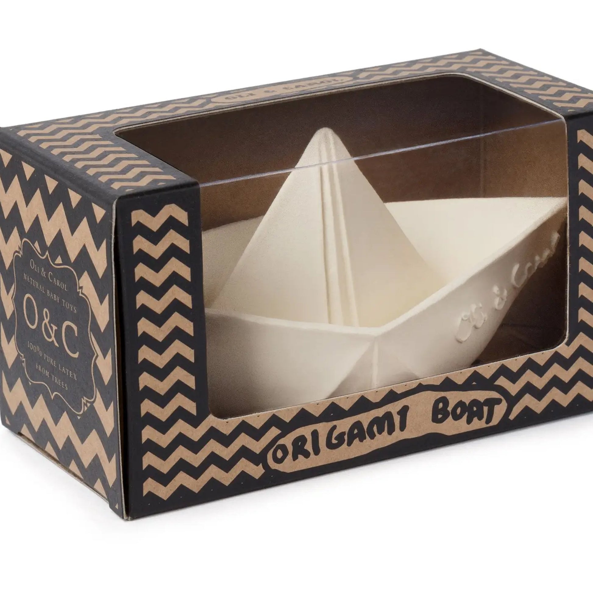 Origami boat in a decorative box with 'O&C' branding