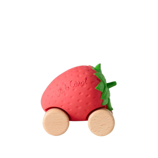 toy car with strawberry body and wooden wheels