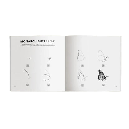 Open book showing illustrations of a monarch butterfly with text on a light beige background
