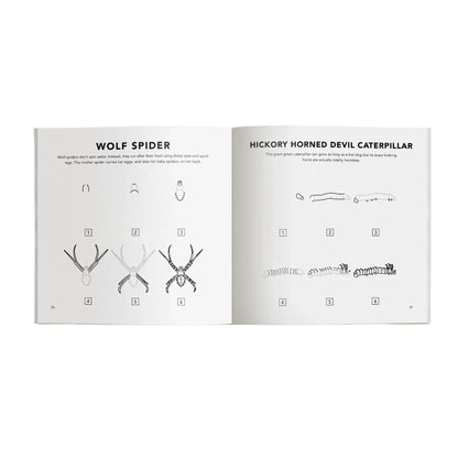 Open book showing illustrations of wolf spider and hickory horned devil caterpillar, on a beige background.