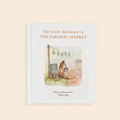 Children's book cover titled 'Our Little Adventure to The Farmers Market' on a beige background