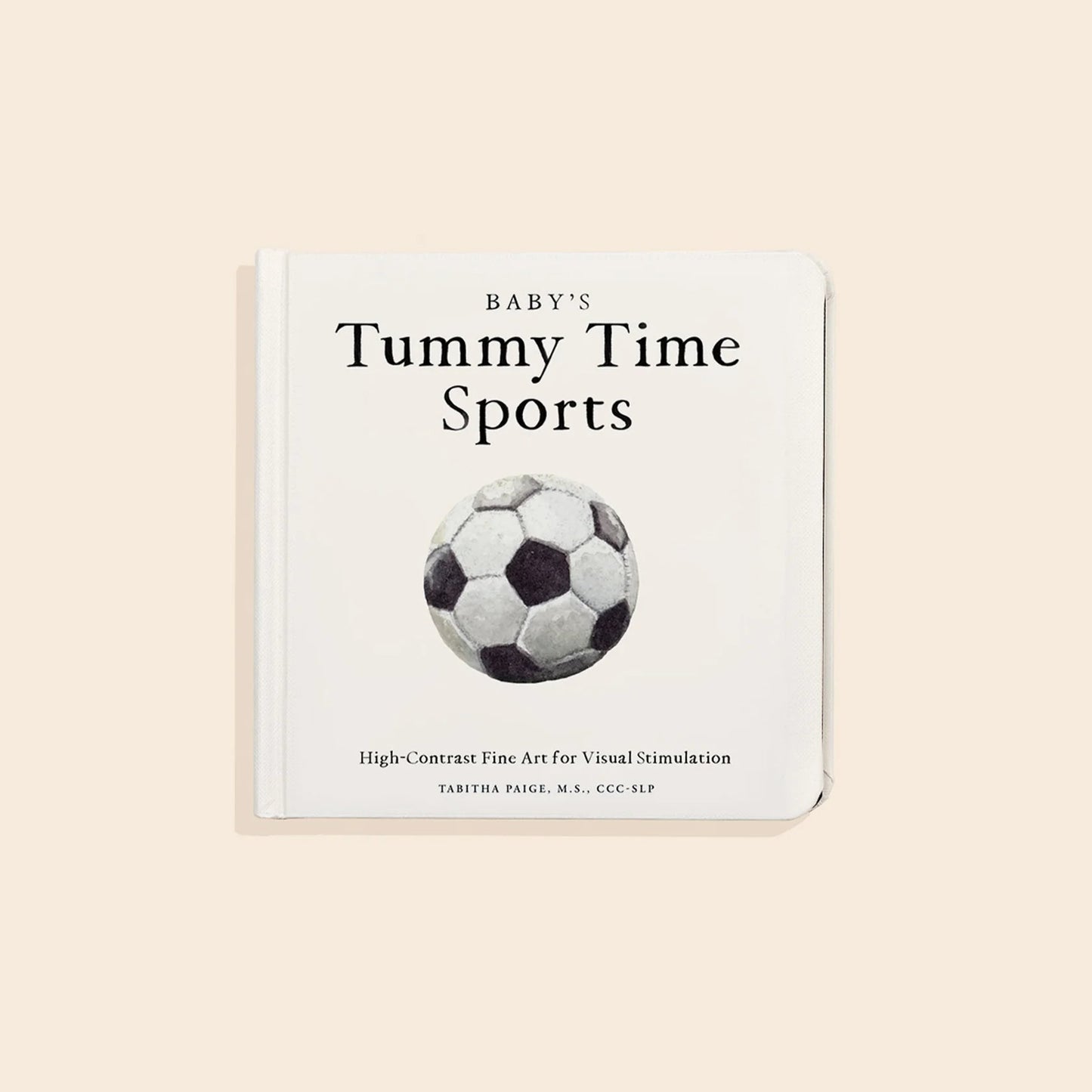 Book titled 'Baby's Tummy Time Sports' with a soccer ball illustration on a beige background