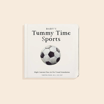 Book titled 'Baby's Tummy Time Sports' with a soccer ball illustration on a beige background