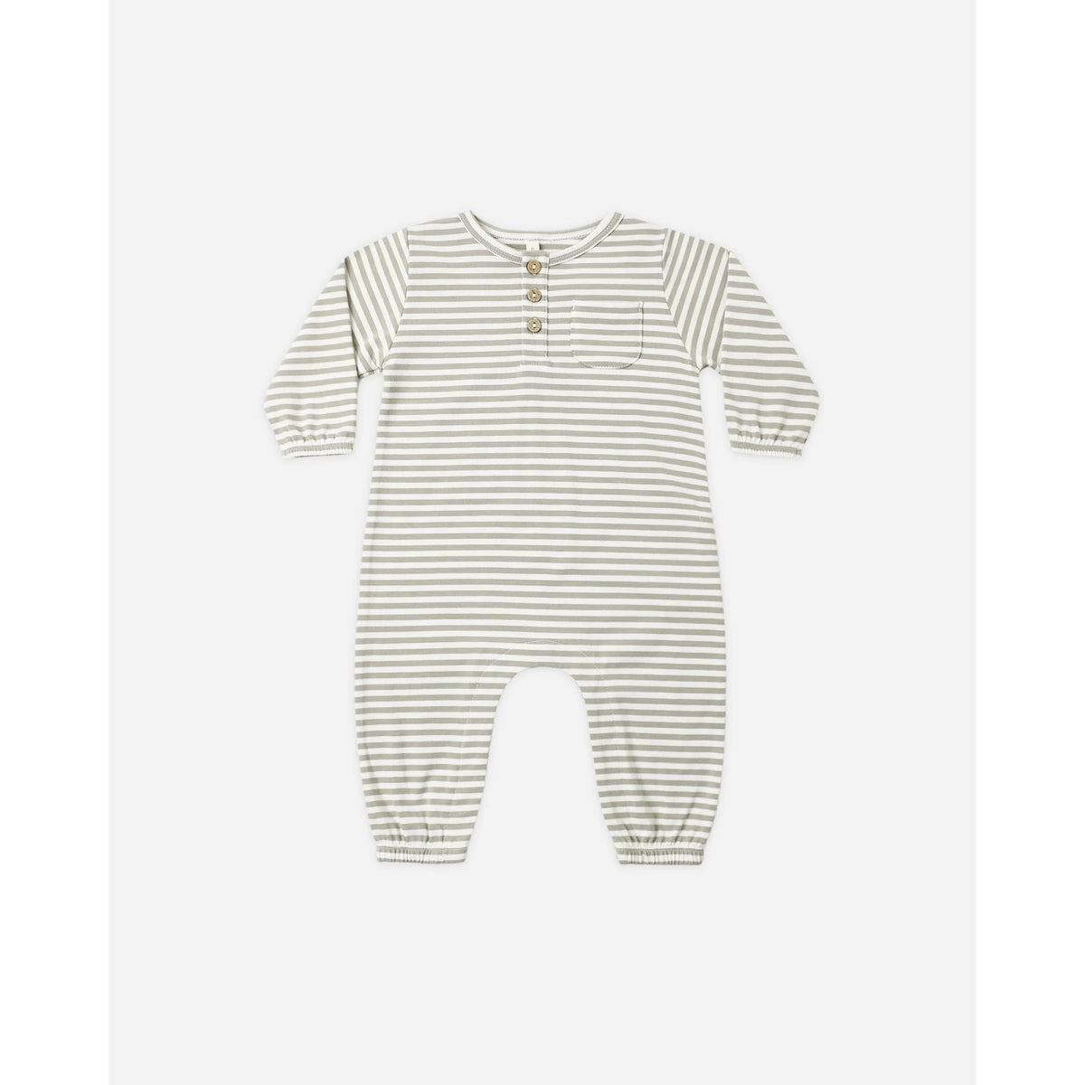 A baby long-sleeve romper with thin horizontal beige and white stripes, featuring a buttoned henley neckline and a chest pocket, shown flat on a light gray background.