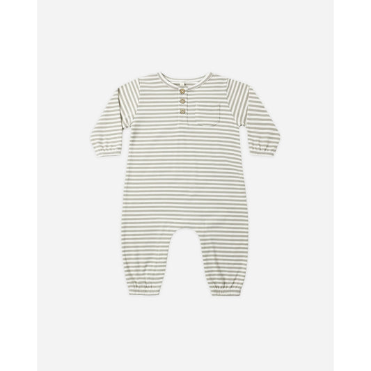 A baby long-sleeve romper with thin horizontal beige and white stripes, featuring a buttoned henley neckline and a chest pocket, shown flat on a light gray background.