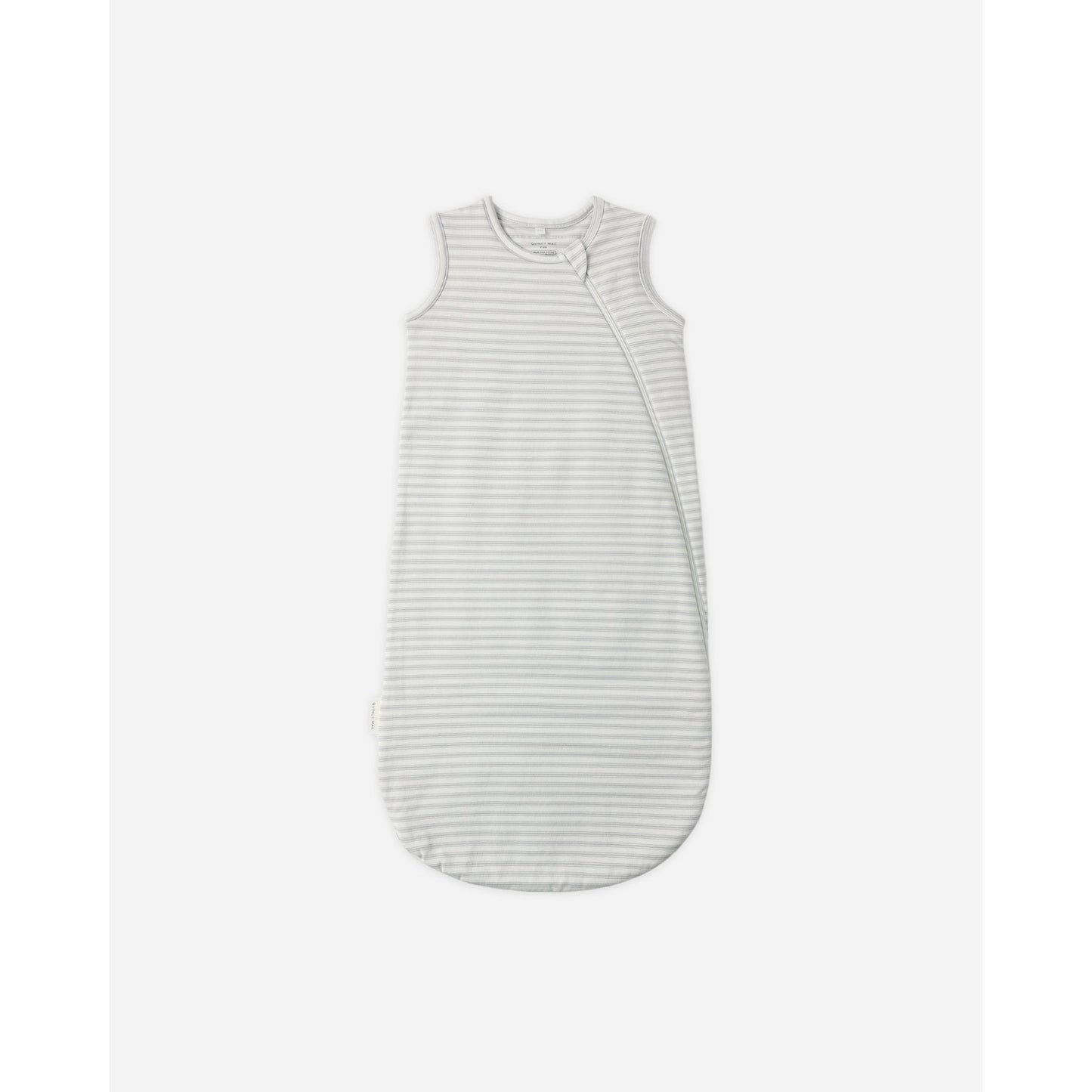 A sleeveless baby sleep sack with fine horizontal stripes in light gray and white, featuring a snap closure down the front, shown against a plain light gray background.