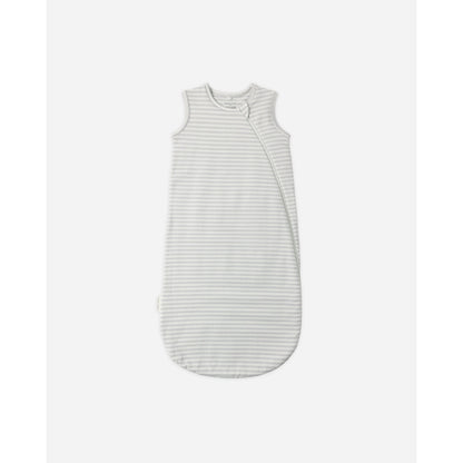 A sleeveless baby sleep sack with fine horizontal stripes in light gray and white, featuring a snap closure down the front, shown against a plain light gray background.