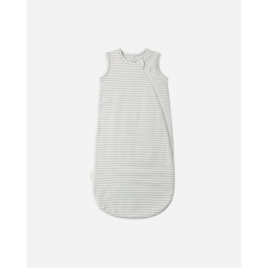 A sleeveless baby sleep sack with fine horizontal stripes in light gray and white, featuring a snap closure down the front, shown against a plain light gray background.
